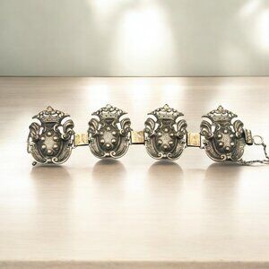 Vintage Cini Sterling Silver Heraldic Shield Link Bracelet With Safety Chain